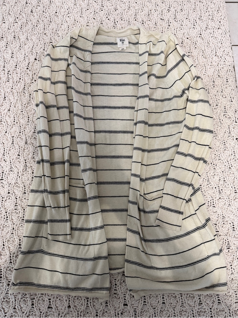 Billabong Cream and Black Striped Open-Front Cardigan